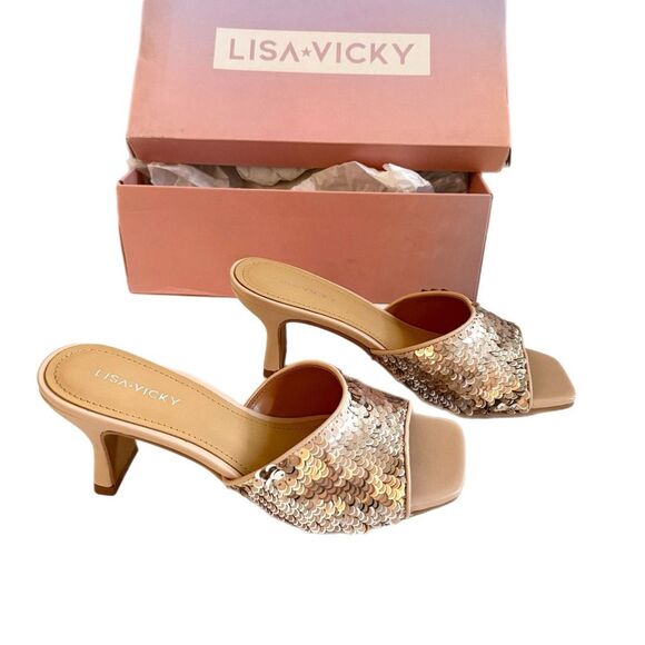 NWT Lisa Vicky Pretty-V Champagne PYT Sequin Mules.  Size 7 - Picture 1 of 5